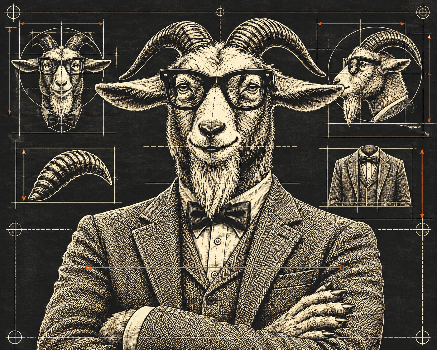 Blueprint sheet of the Chief Engineer drawn in multiple views: front and profile head studies, a horn detail, and a tweed three-piece suit study, each boxed by registration marks and orange dimension arrows.