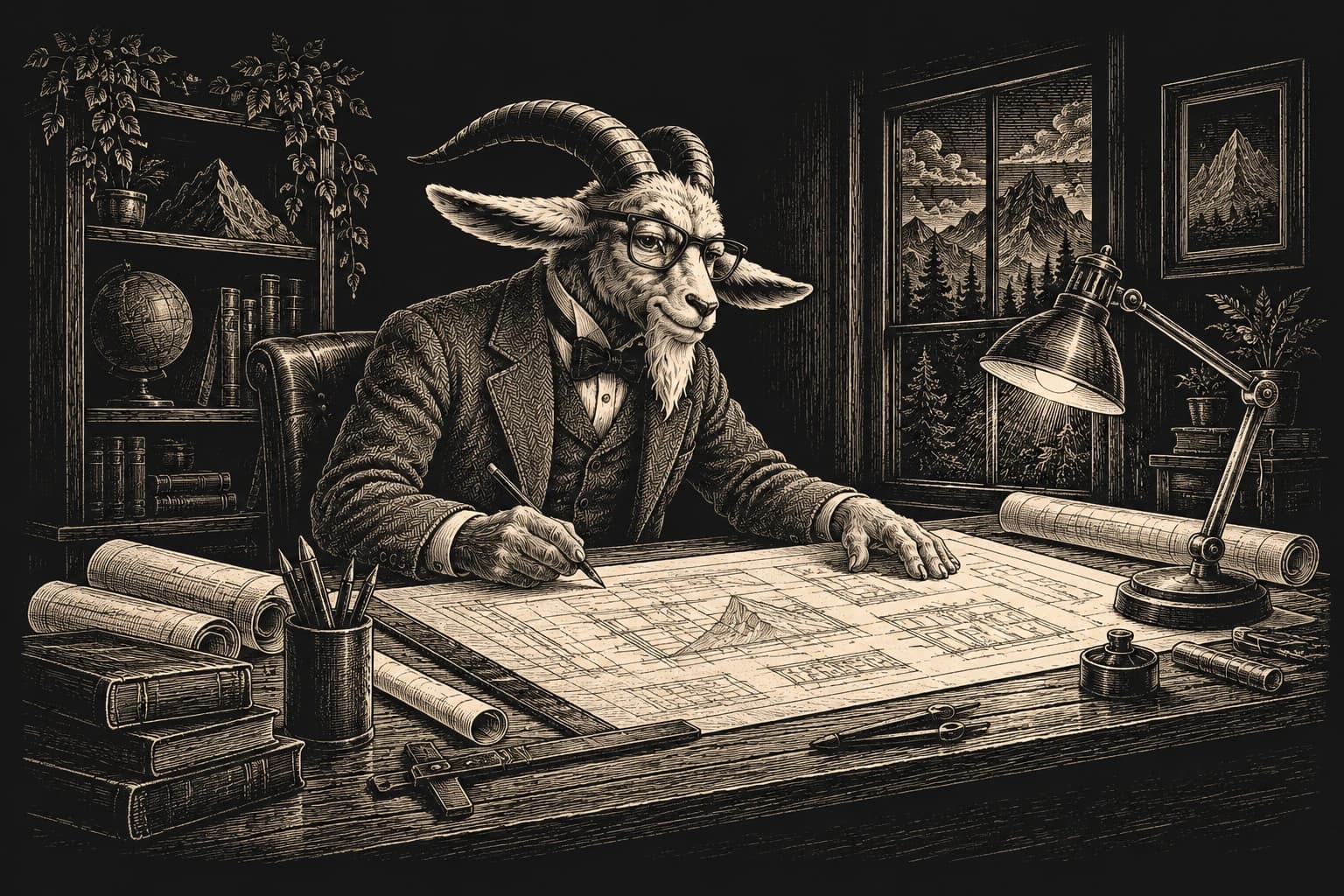Engraving: the Chief Engineer at a drafting desk in a tweed three-piece suit and glasses, one hand resting on a large blueprint and the other holding a drafting pencil. A banker's lamp lights the sheet; behind him a bookcase with a globe, and a window onto a pine ridge and mountains.