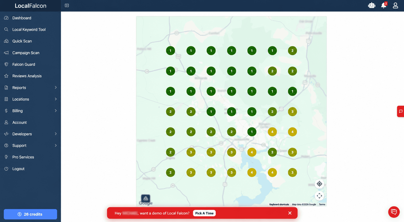 Local Falcon scan grid: a seven-by-seven matrix of ranking pins over a coastal North Carolina map. The upper two thirds are almost entirely green ones, sliding to twos, threes and a few yellow fours toward the southern edge of the service area.