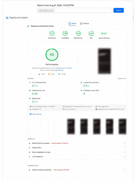 PageSpeed Insights mobile report: performance 95, accessibility 100, best practices 100, SEO 100. First contentful paint 2.1 seconds, largest contentful paint 2.4 seconds, total blocking time 0 milliseconds, cumulative layout shift 0. The audited URL and page thumbnail are blurred.